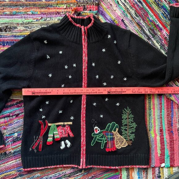 Coldwater Creek Women's Zip Up XL Christmas Sweater, Skiing, Trees, Woody Wagon, - Picture 6 of 11